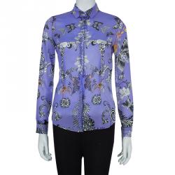 مملوكة مسبقًا قميص فيرساتشي كم طويل أزرار أمامية حرير بنفسجي منقوش S