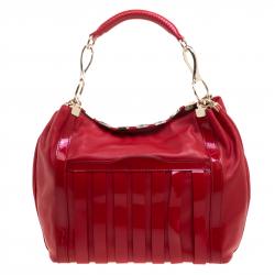 Versace Red Leather and Stripe Patent Leather Hobo