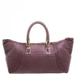 Versace Cedar Dark Beige Embossed Leather Braided Satchel