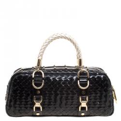 Pre Owned Versace Black Woven Patent Leather Snap Out Of It  Satchel