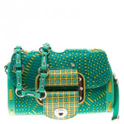 Pre Owned Versace Green/Yellow Printed Leather Crossbody Bag