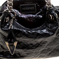 Versace Holographic Black Textured Patent Leather Satchel