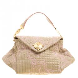Versace Beige/Pink Quilted Barocco Leather Top Handle Bag