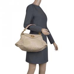 Versace Beige/Pink Quilted Barocco Leather Top Handle Bag