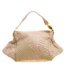Versace Beige/Pink Quilted Barocco Leather Top Handle Bag