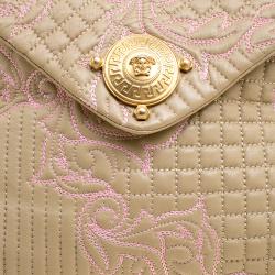 Versace Beige/Pink Quilted Barocco Leather Top Handle Bag