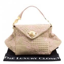 Versace Beige/Pink Quilted Barocco Leather Top Handle Bag