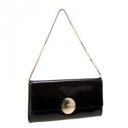 Pre Owned Versace Black Patent Leather Medusa Logo Chain Clutch