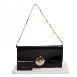 Pre Owned Versace Black Patent Leather Medusa Logo Chain Clutch