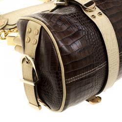 Versace Brown/Cream Croc Embossed Leather Madonna Boston Bag