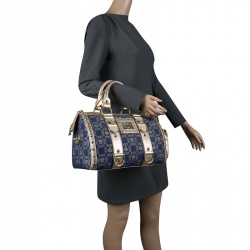 مملوكة مسبقًا Versace Blue/Gold Fabric and Leather Snap Out Of It Satchel