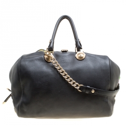 Versace Black Leather and Floral Print Fabric Top Handle Bag
