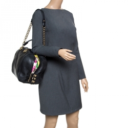 Versace Black Leather and Floral Print Fabric Top Handle Bag
