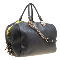 Versace Black Leather and Floral Print Fabric Top Handle Bag