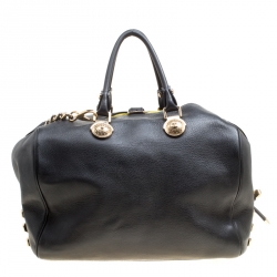 Versace Black Leather and Floral Print Fabric Top Handle Bag