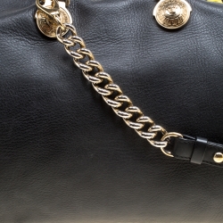 Versace Black Leather and Floral Print Fabric Top Handle Bag