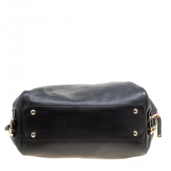 Versace Black Leather and Floral Print Fabric Top Handle Bag
