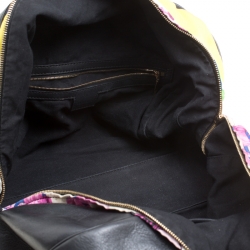 Versace Black Leather and Floral Print Fabric Top Handle Bag
