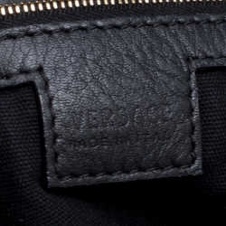 Versace Black Leather and Floral Print Fabric Top Handle Bag
