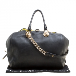 Versace Black Leather and Floral Print Fabric Top Handle Bag