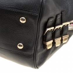 Versace Black Leather and Floral Print Fabric Top Handle Bag