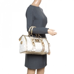 Pre Owned Versace White/Gold Fabric and Leather Snap Out Of It Satchel