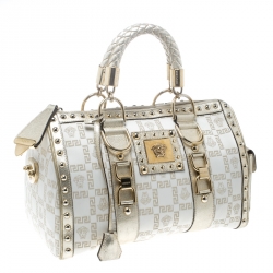 Pre Owned Versace White/Gold Fabric and Leather Snap Out Of It Satchel