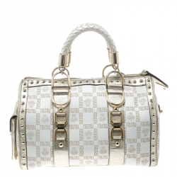 Pre Owned Versace White/Gold Fabric and Leather Snap Out Of It Satchel