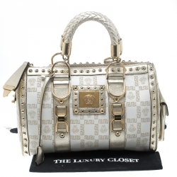 Pre Owned Versace White/Gold Fabric and Leather Snap Out Of It Satchel