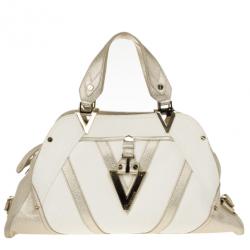 Pre Owned Versace Jumbo White Logo Jacquard Bowler Bag