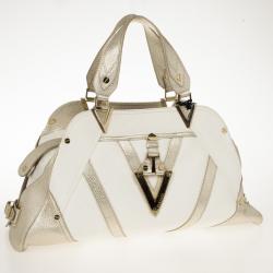 Pre Owned Versace Jumbo White Logo Jacquard Bowler Bag