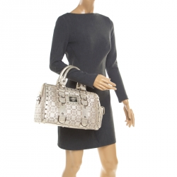 Pre Owned Versace Metallic Beige Signature Fabric and Leather Snap Out Of It Satchel