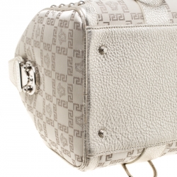 Pre Owned Versace Metallic Beige Signature Fabric and Leather Snap Out Of It Satchel