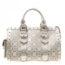 Pre Owned Versace Metallic Beige Signature Fabric and Leather Snap Out Of It Satchel