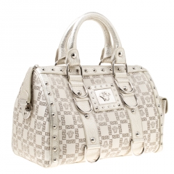 Pre Owned Versace Metallic Beige Signature Fabric and Leather Snap Out Of It Satchel