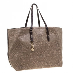 Pre Owned Versace Beige/Brown Barocco Heritage Coated Canvas and Snakeskin Trim Shopper Tote