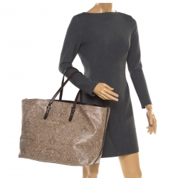 Pre Owned Versace Beige/Brown Barocco Heritage Coated Canvas and Snakeskin Trim Shopper Tote
