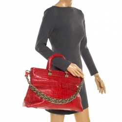 Versace Red Croc Embossed Leather Top Handle Bag