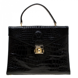 Pre Owned Versace Black Croc Embossed Leather Tote