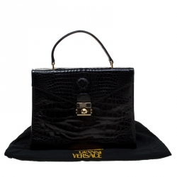 Pre Owned Versace Black Croc Embossed Leather Tote
