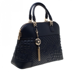 Versace Navy Blue Quilted Leather Athena Vanitas Top Handle Bag