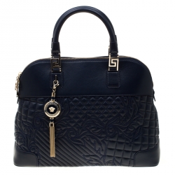 Versace Navy Blue Quilted Leather Athena Vanitas Top Handle Bag
