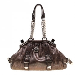 Versace Brown Snake Embossed Leather Madonna Boston Bag