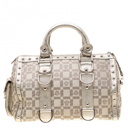 Pre Owned Versace Beige Metallic Signature Fabric and Leather Snap Out Of It Satchel