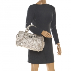 Pre Owned Versace Beige Metallic Signature Fabric and Leather Snap Out Of It Satchel