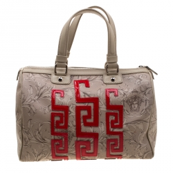 Pre Owned Versace Beige/Red Brocco Printed Leather Boston Bag