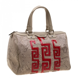 Pre Owned Versace Beige/Red Brocco Printed Leather Boston Bag