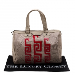 Pre Owned Versace Beige/Red Brocco Printed Leather Boston Bag