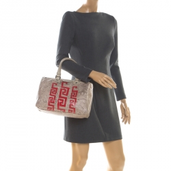 Pre Owned Versace Beige/Red Brocco Printed Leather Boston Bag