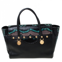Versace Black Leather and Python Embossed Tote